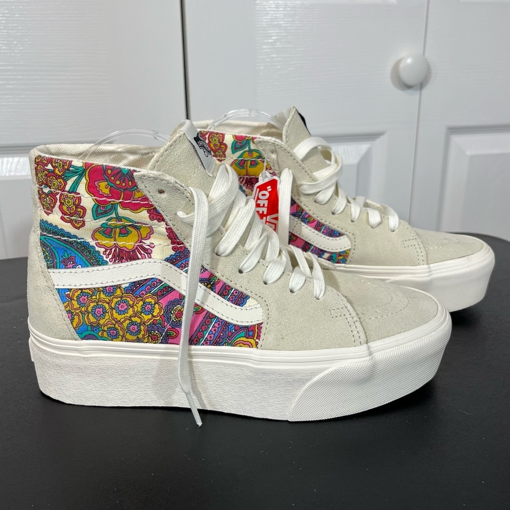 Vans Sk8-Hi Platform Sneakers in Beige with Multicolor Paisley Panels